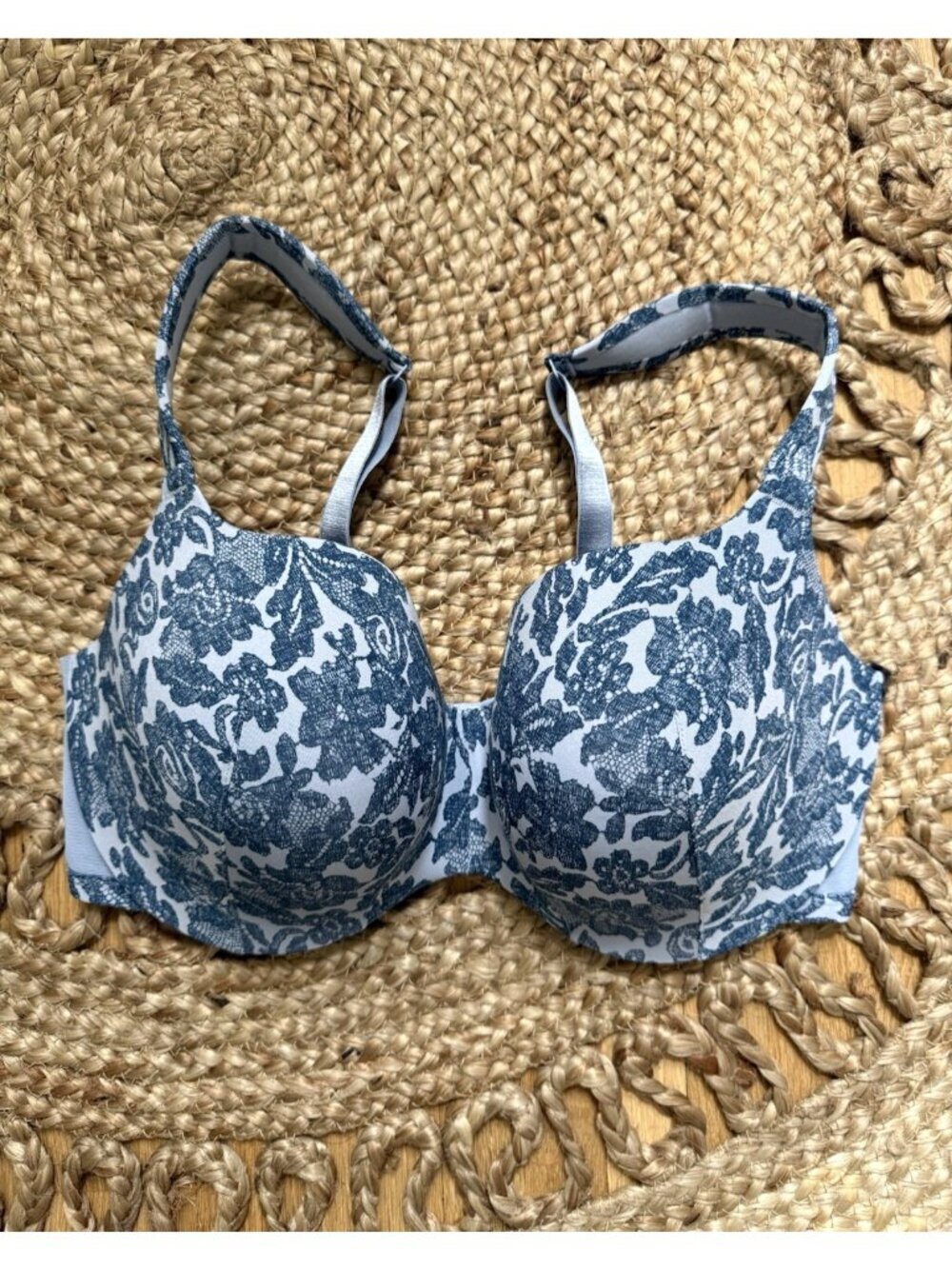 Cacique Uplift Balconette T-shirt Plunge Bra Blue Floral Comfort Feminine 38DDD